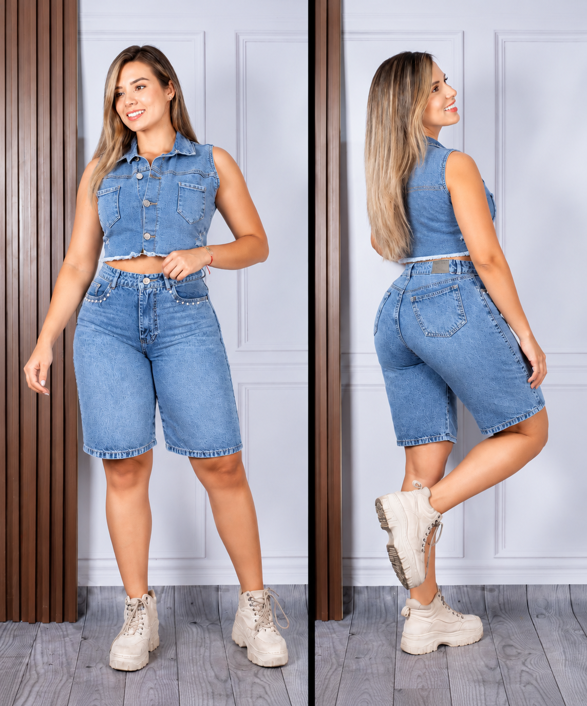 CONJUNTO JEAN DAMA – CHALECO CROP TOP + BERMUDA